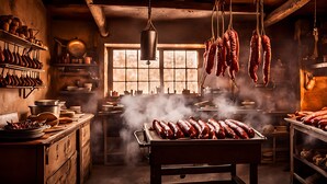 A rustic kitchen with hanging sausages, shelves with pots, and a large grill.