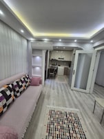 Una sala moderna con un sofá, un tapete estampado y una zona de cocina con armarios y un microondas.