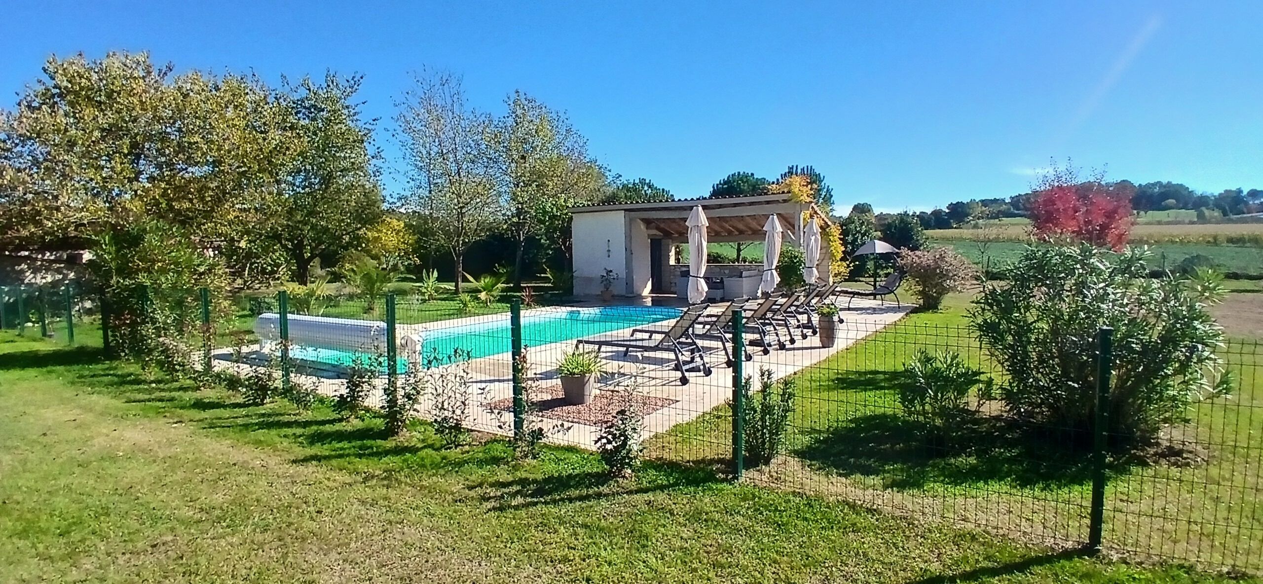Een zwembad met ligbedden, een pergola met parasols, en een omheind gazon.