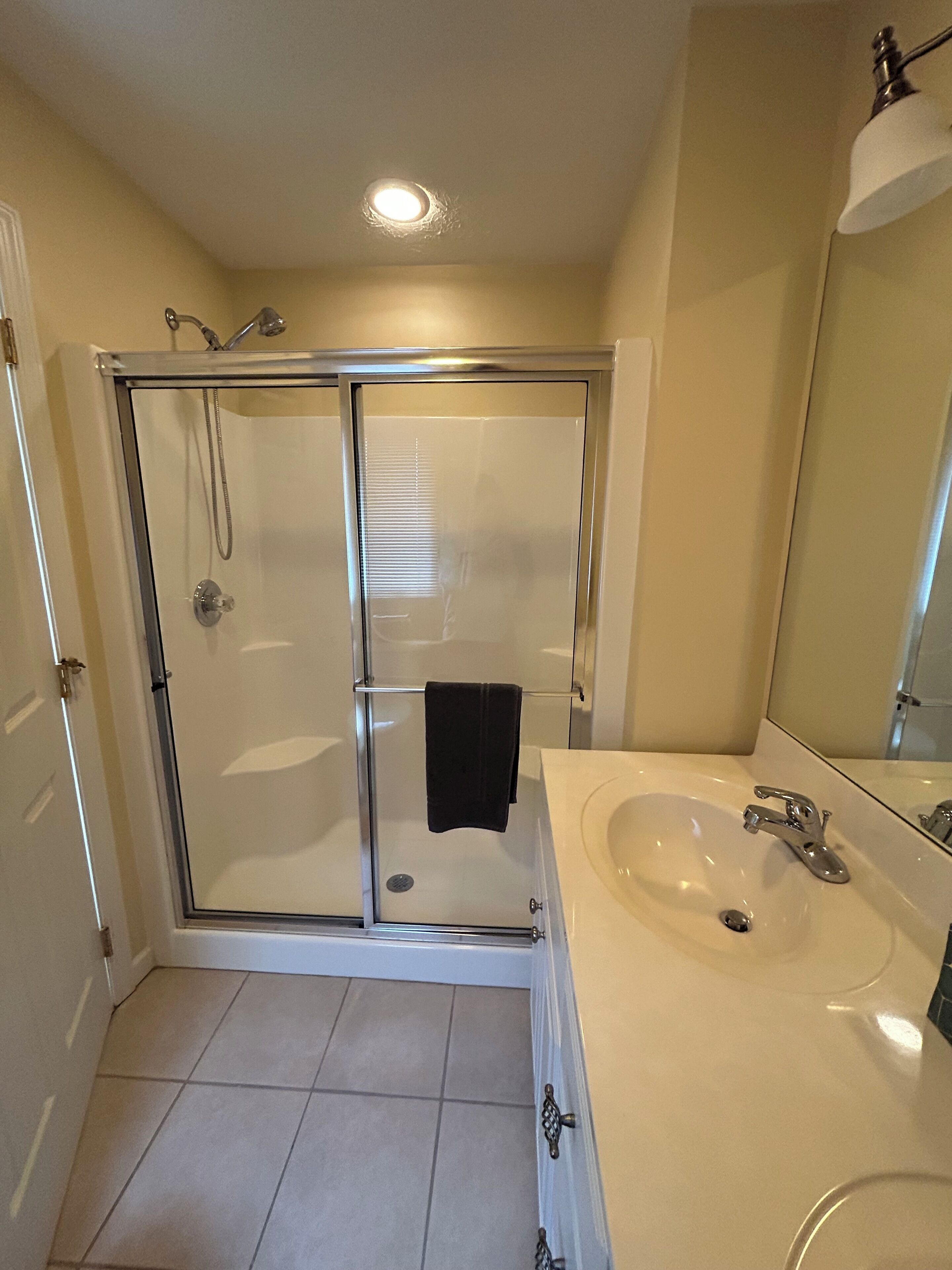 Een badkamer met een douche in een glazen cabine, een witte wastafel en een spiegel.