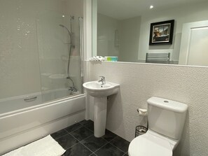 Hair dryer, towels, soap, toilet paper