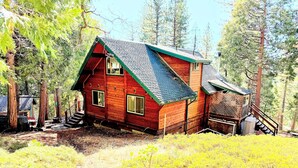 Een chalet met een steile dakhelling, een veranda en een trap naar de ingang.