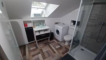 Shower, hair dryer, toilet paper