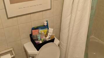 Hair dryer, towels, soap, toilet paper