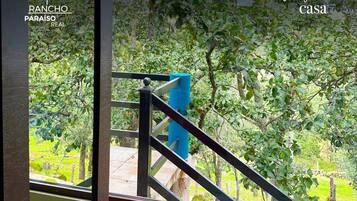 Vista desde una ventana con una escalera de metal que da al exterior, rodeada de vegetación. La imagen incluye un logotipo, un número de contacto y una ubicación en México.