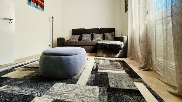Uma sala de estar moderna com sofá, banqueta e tapete estampado.