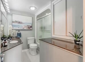 Hair dryer, bidet, towels, soap