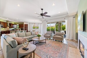 Smart TV, fireplace - Snowbird Oasis: Luxe 4-Bed Palm Springs Retreat with Pool, Views & Casita- (Palm Springs)