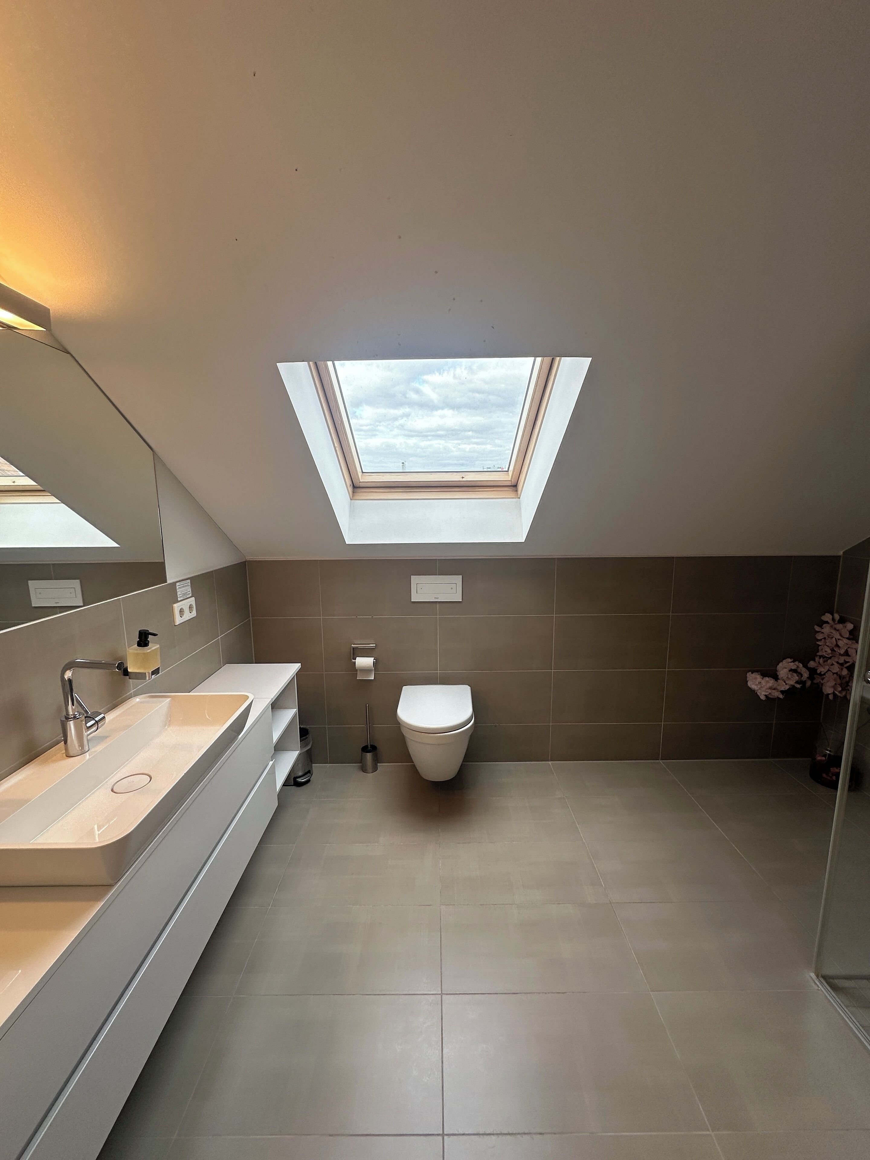 A modern bathroom with a skylight, a sink, and a toilet.
