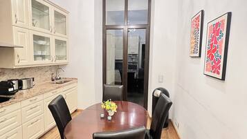 Fridge, stovetop, cookware/dishes/utensils