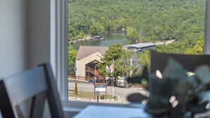 A view from a window overlooking a lake with a building and dock. - Beautiful brand new sister condo's, no steps, located next to Silver Dollar City (Branson)