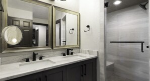 Shower, jetted tub, hair dryer, towels