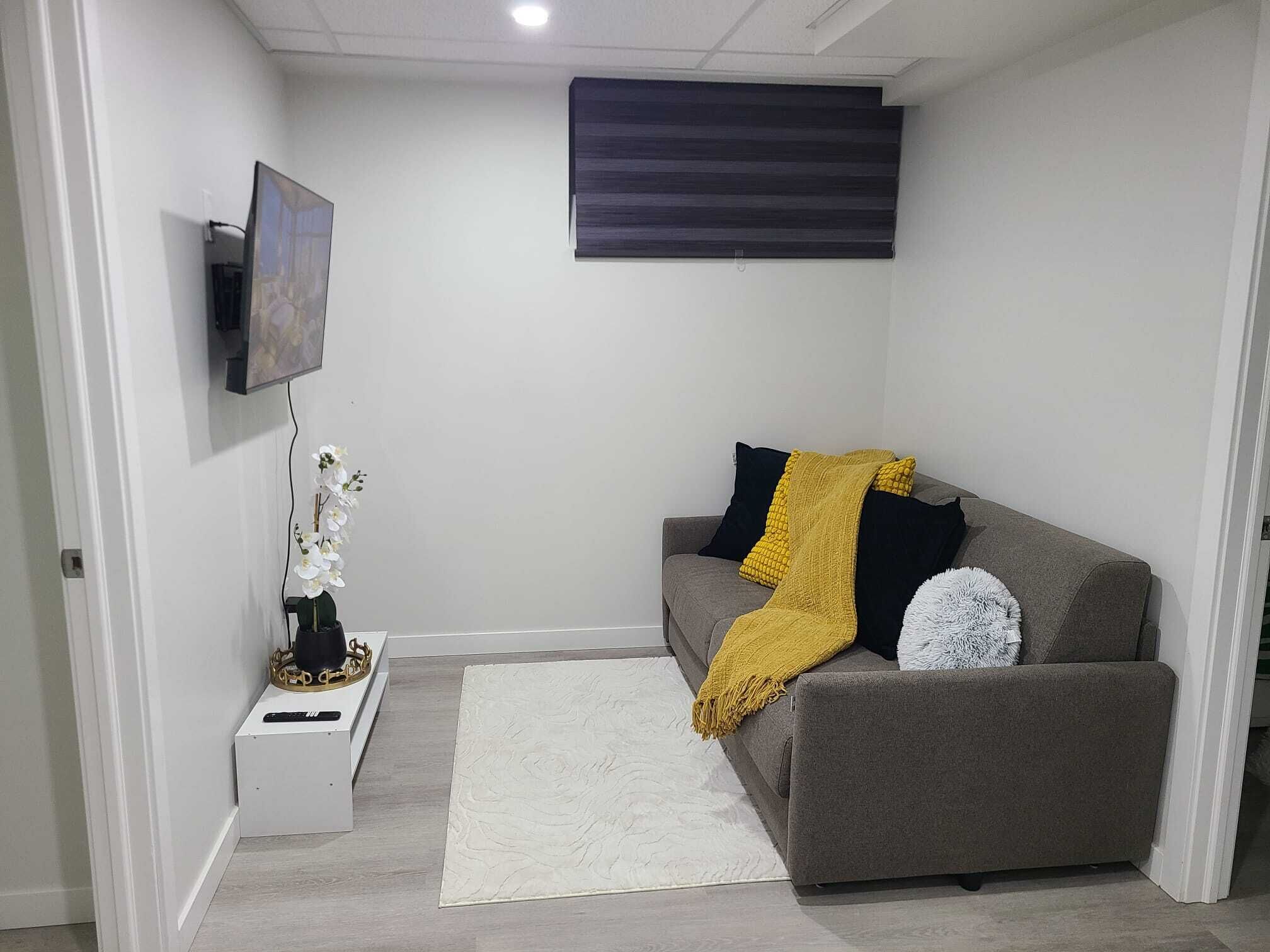 A living room with a grey sofa, a white rug, a small white table with a decorative item, and a wall-mounted TV.