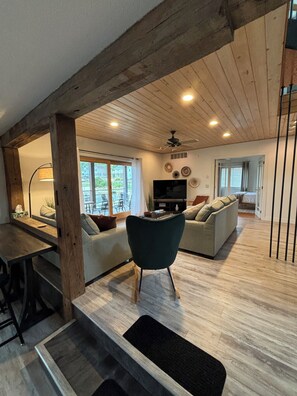 Smart TV, fireplace, books, stereo