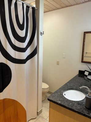 Un baño con cortina de ducha a rayas negras y blancas, un inodoro blanco, un lavabo con encimera de granito y un espejo.