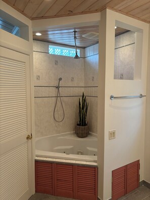 Shower, jetted tub, hair dryer, towels