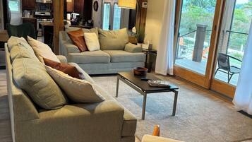 Smart TV, fireplace, books, stereo