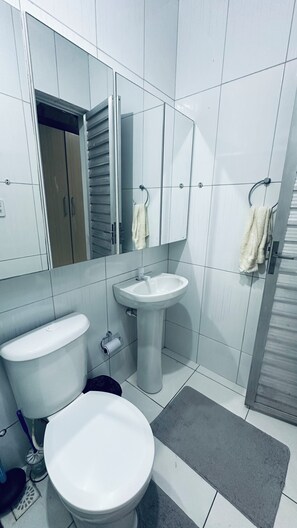 Shower, towels, soap, toilet paper