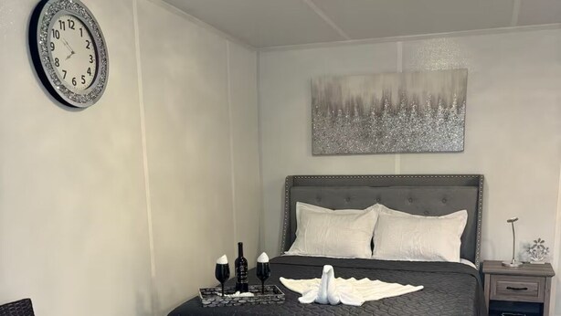 A modern bedroom with a large bed, a wall clock, a painting, and a nightstand with a lamp. - Tampa Dream Getaway "A (Tampa)