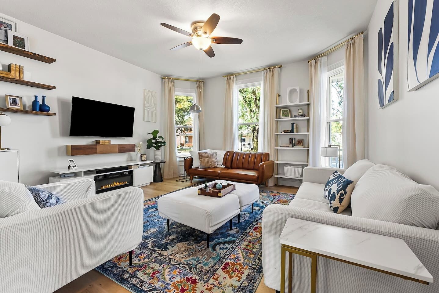 Smart TV, fireplace, books