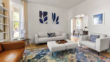 TV connectée, cheminée, livres