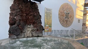 Ein Wellnessbereich mit Thermalbad, Steinwand und Infoplakaten.