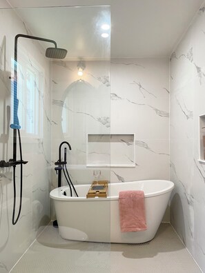 Hair dryer, towels, soap, toilet paper