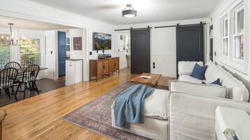 Smart TV, fireplace, books, music library