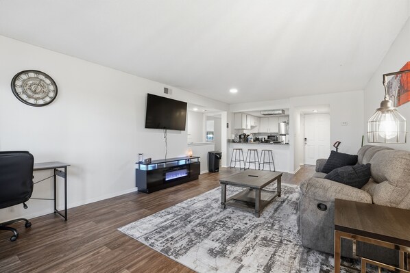 Smart TV, fireplace, computer monitors, printers