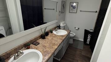 Hair dryer, towels, soap, shampoo
