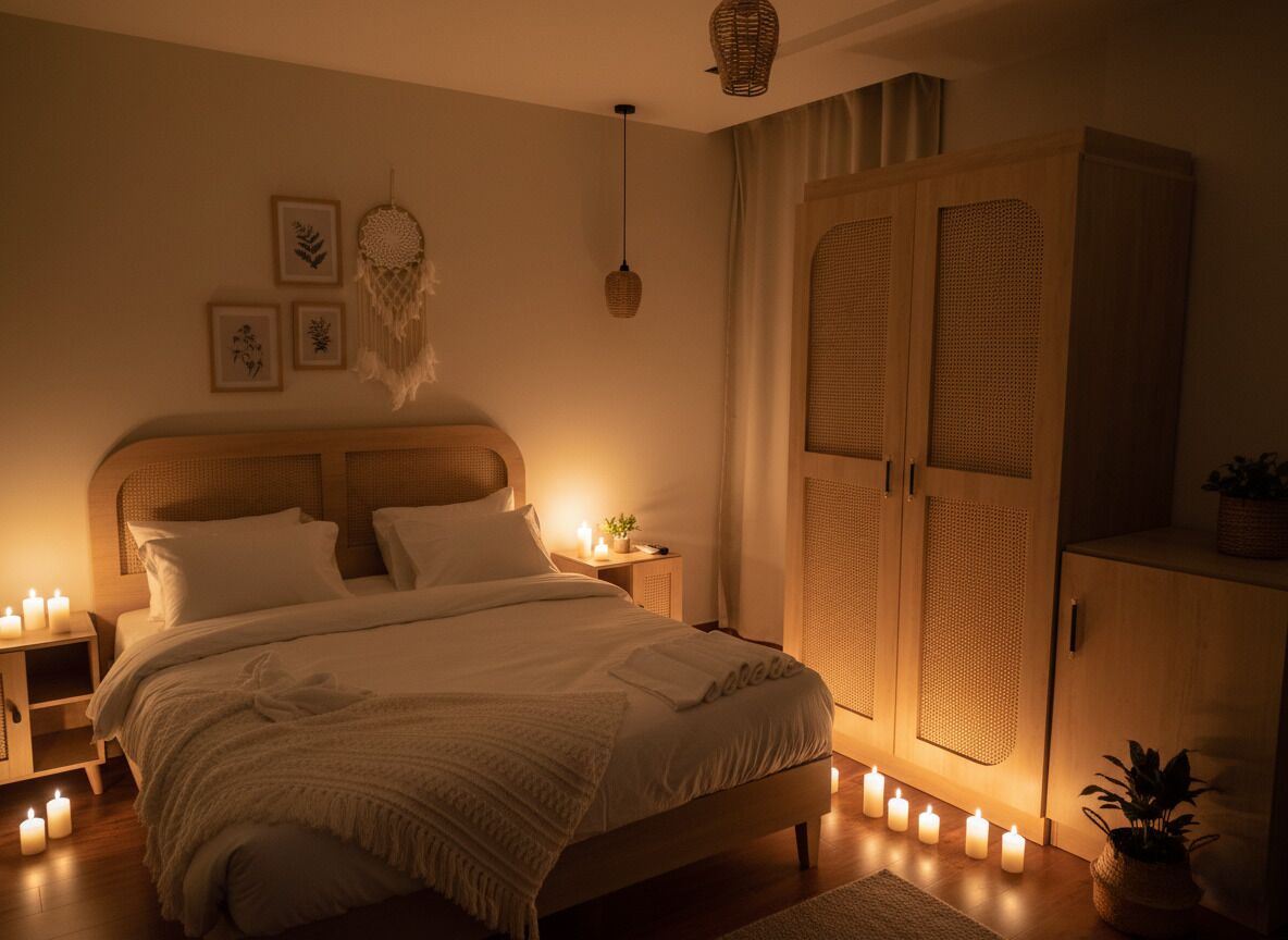 A bedroom with a bed, bedside tables, a wardrobe, and wall decorations.