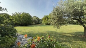 Un jardin bien entretenu, agrémenté d’un chemin de pierres, de divers arbustes et de plantes à fleurs.