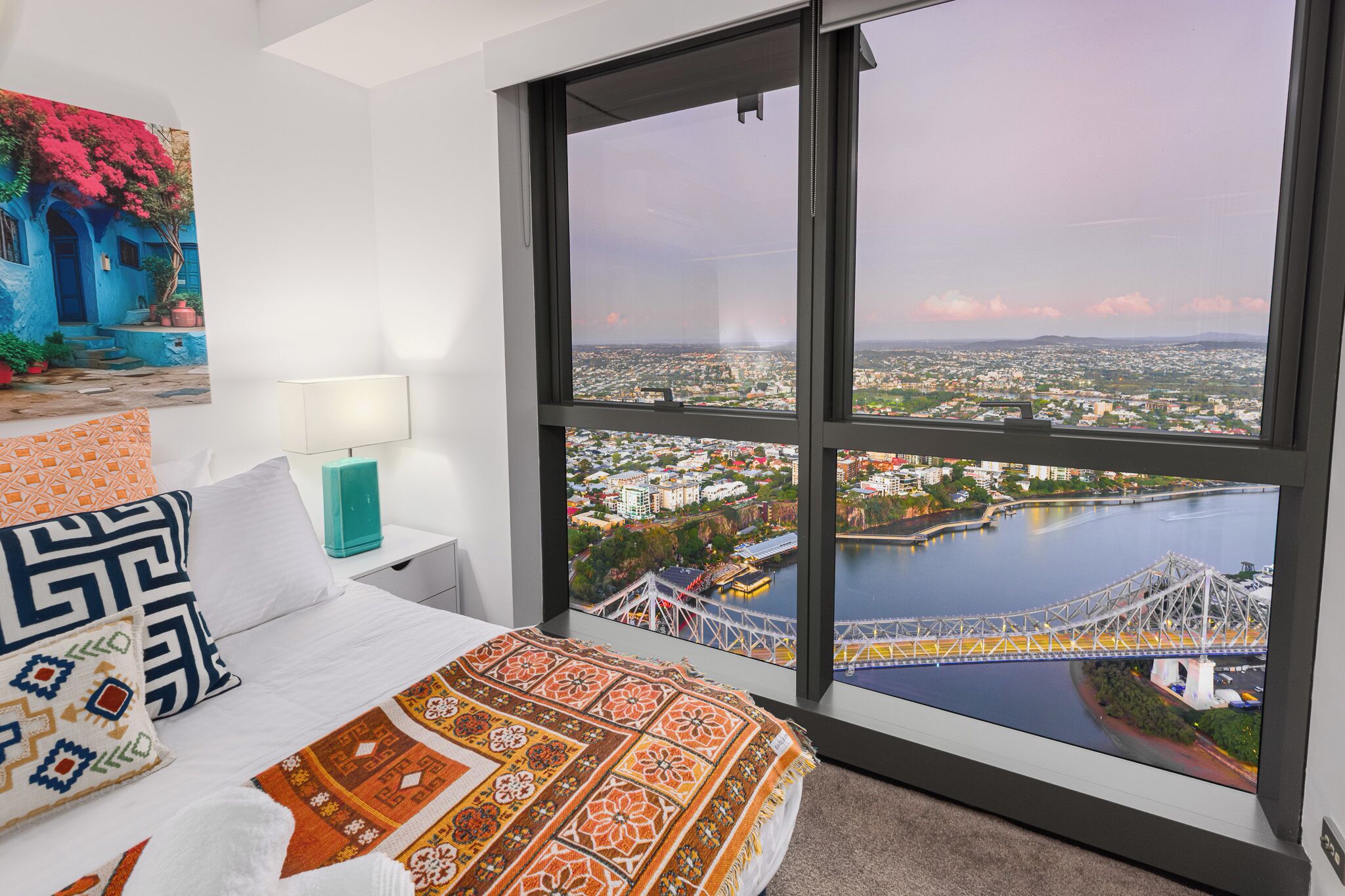 Design Apartment, River View | Egyptian cotton sheets, premium bedding, blackout drapes