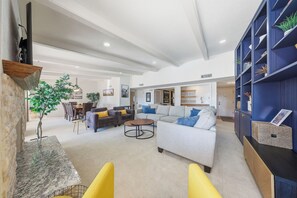 Smart TV, fireplace, video games, DVD player