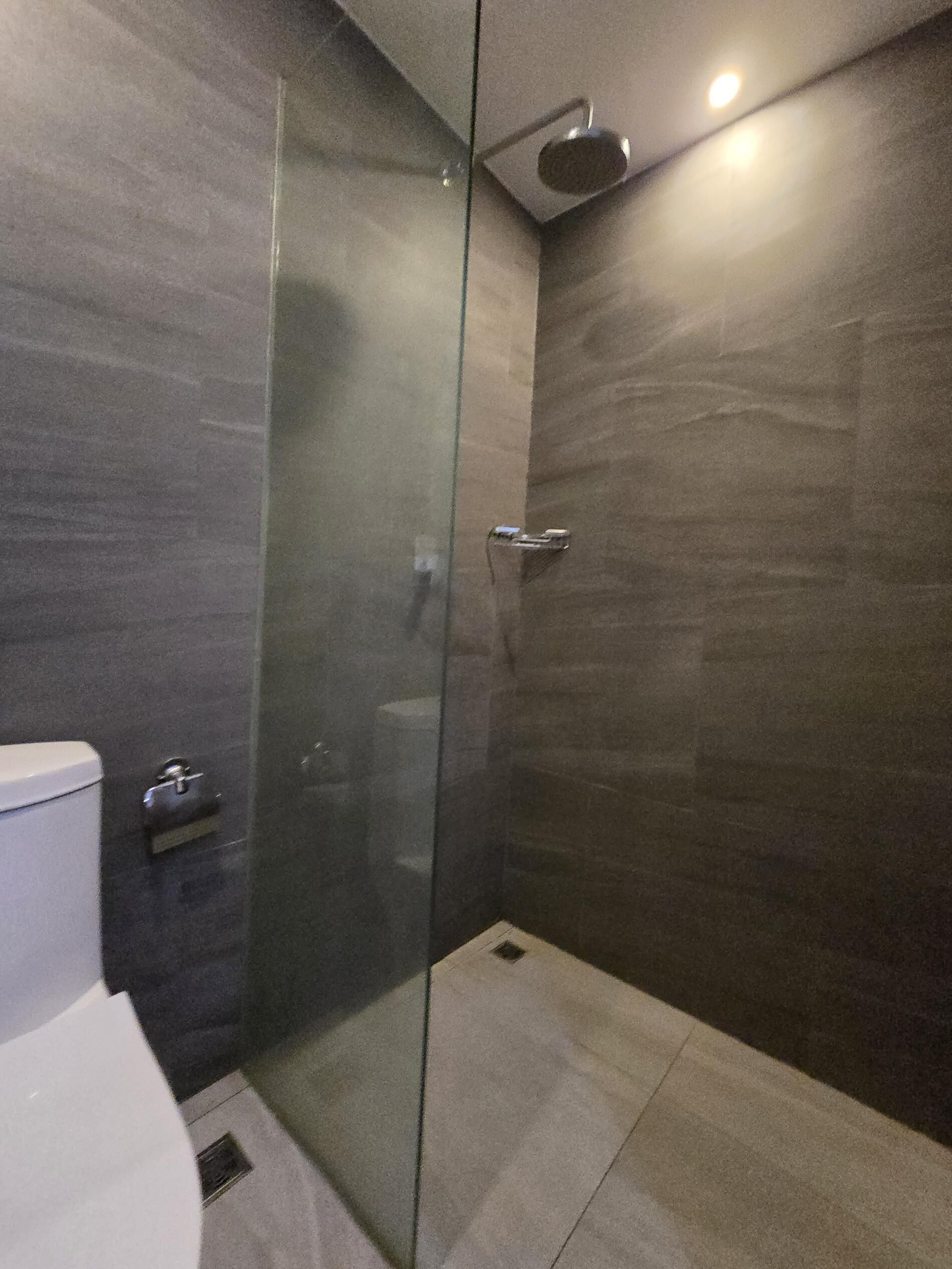 A modern bathroom with a glass-enclosed shower, a toilet, and a sink.
