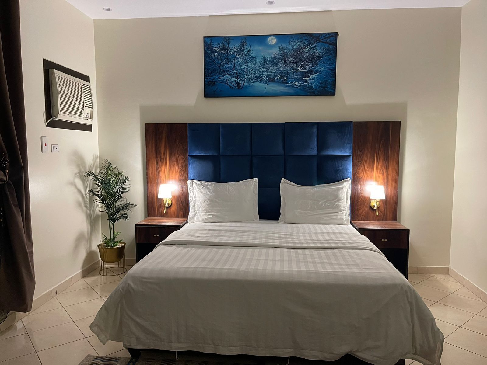 A hotel room with a large bed, two bedside tables, a nightstand with a lamp, a wall-mounted air conditioner, a potted plant, and a painting of a snowy landscape.