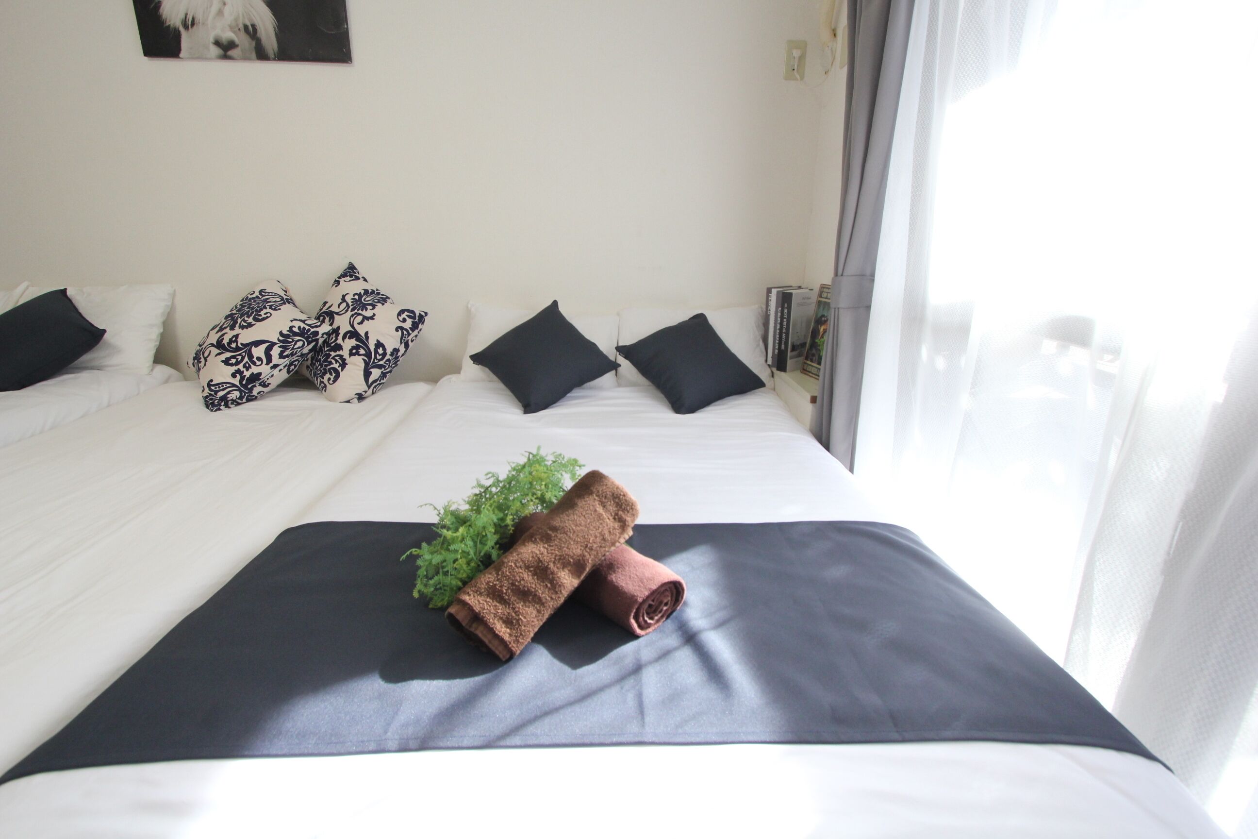 Un lit bien fait, avec une couvre-lit noir et blanc, une petite plante et une serviette enroulée.