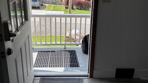 A doorway leading to a covered porch with a metal grate, a gray rug, and a view of a residential street with houses and parked cars.
