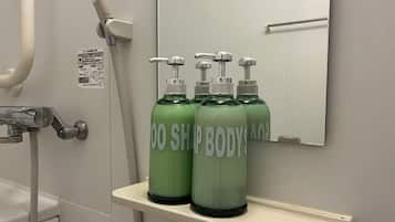 Hair dryer, towels, soap, toilet paper