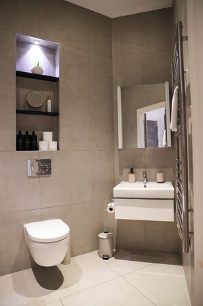 Secadora de cabello, toallas, jabón, papel de baño 