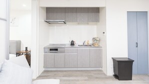 A compact kitchen with grey cabinets, a stainless steel range hood, a sink, and a small trash bin. - b&Kishinosato (Osaka)