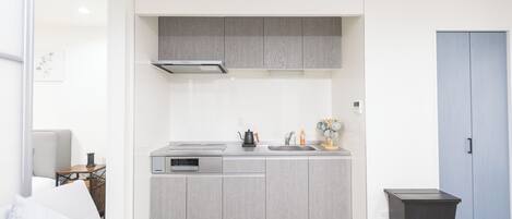 A compact kitchen with grey cabinets, a stainless steel range hood, a sink, and a small trash bin.