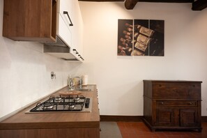 Fridge, stovetop, dishwasher, coffee/tea maker