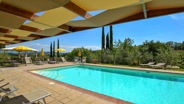 Une piscine entourée de verdure et d’arbres, avec des chaises longues et des parasols.