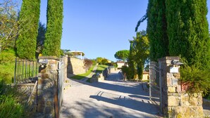 Une entrée fermée par un portail, avec des murs en pierre et des grilles en métal, qui mène à un sentier bordé de grands arbres et s’ouvre sur un ciel bleu dégagé.