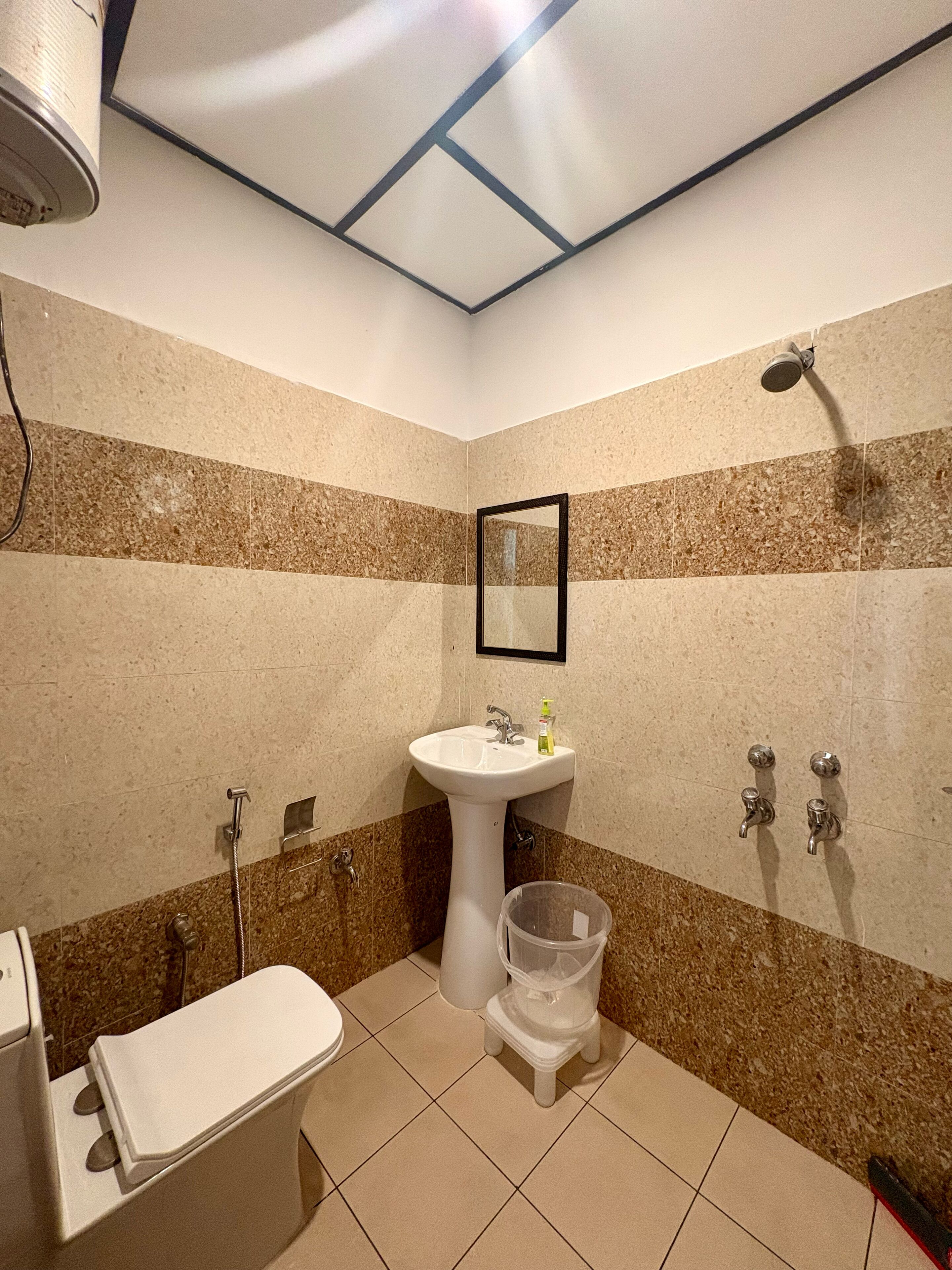 A bathroom with a pedestal sink, a handheld showerhead, a toilet, and a trash bin.
