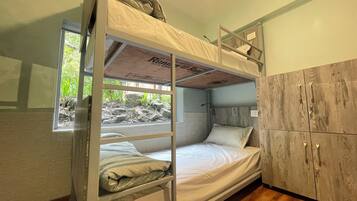 A bunk bed with a window, a wooden wardrobe, and a view of greenery outside.