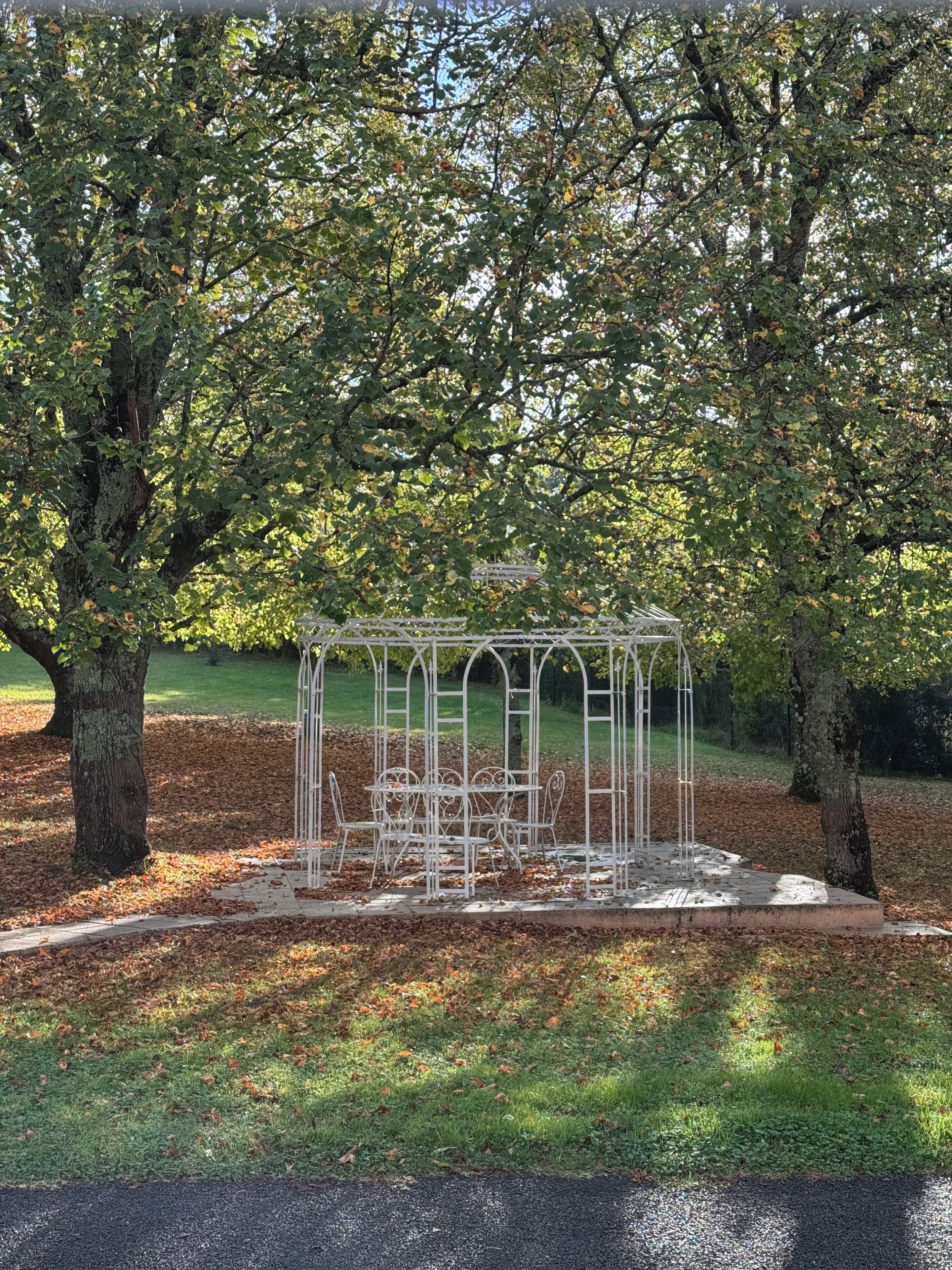A gazebo with a metal frame and white chairs, surrounded by trees and a grassy area.