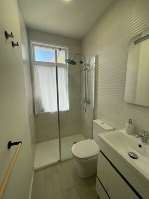 Shower, hair dryer, towels, toilet paper