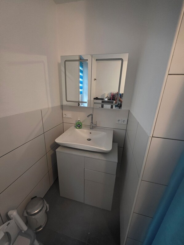 A small bathroom with a white sink, a mirror, and a trash bin.